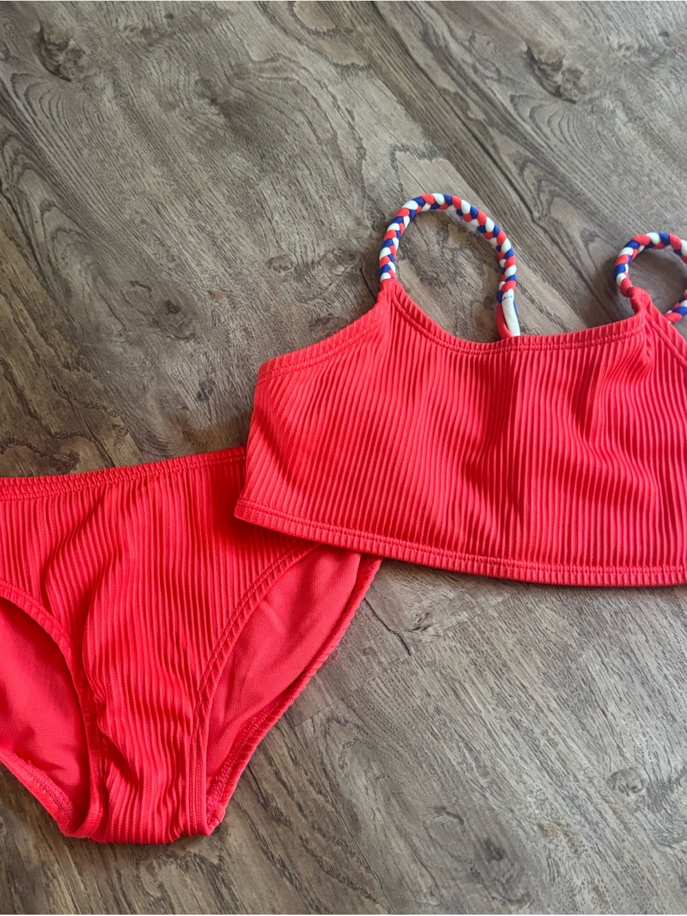 art class Bright Coral Ribbed Girls Two-Piece Swimsuit with Braided Straps
